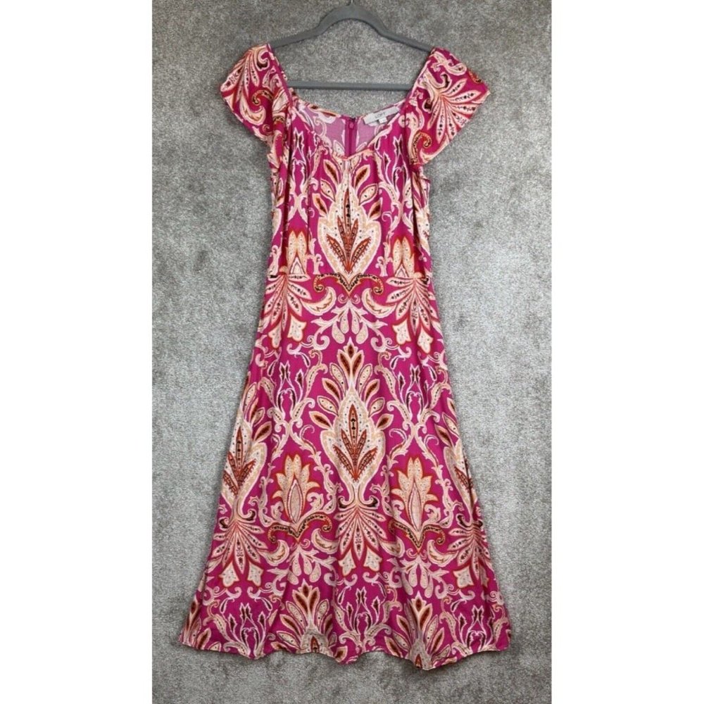 LOFT Pink Dress Sz 4 (fits like a 6!) Rayon Midi Length Back Zip Flutter Sleeve